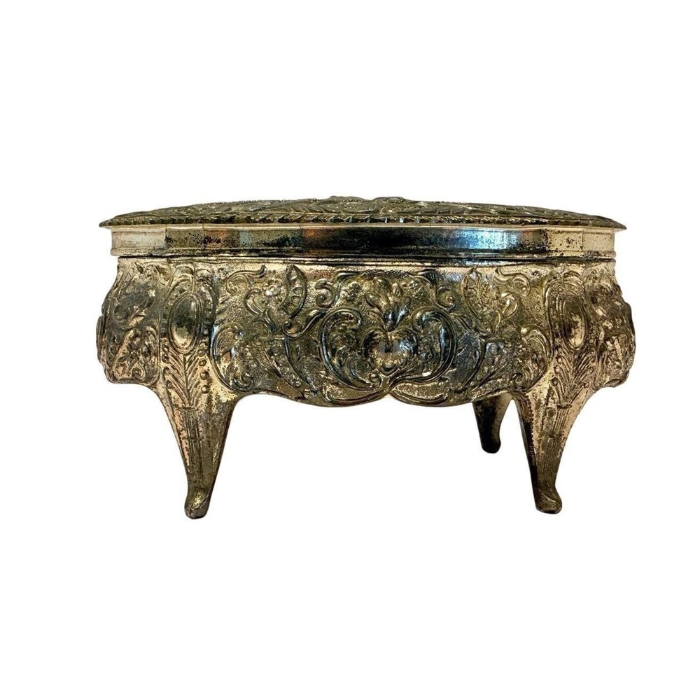 Vintage Silver Tone Oval Footed Jewelry Trinket  Box Courting Couple Victorian - Picture 8 of 16